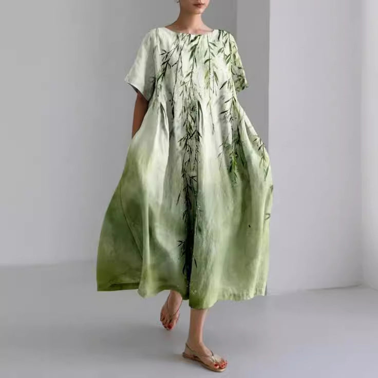 Aridessa | Women's Wedding Guest Elegant Floral Loose Fit Midi Dress Dresses — Green