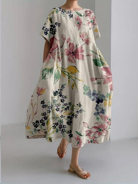 Aridessa | Women's Wedding Guest Elegant Floral Loose Fit Midi Dress Dresses — Khaki
