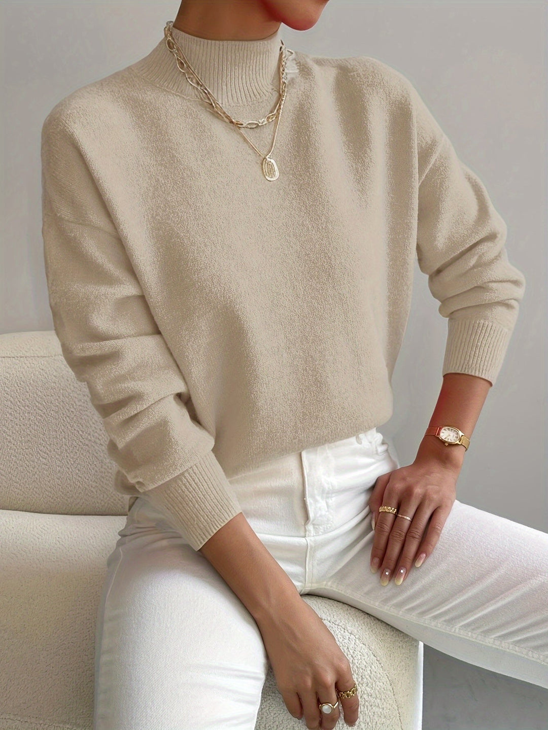 Arirara | Women's Cozy Ribbed-Cuff Solid Crew-Neck Sweater — Beige