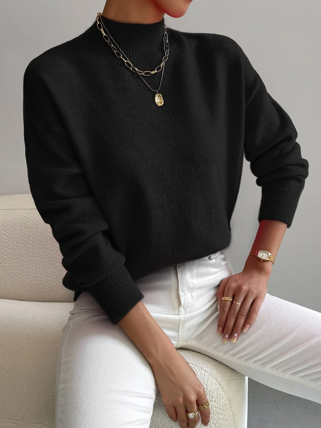 Arirara | Women's Cozy Ribbed-Cuff Solid Crew-Neck Sweater — Black