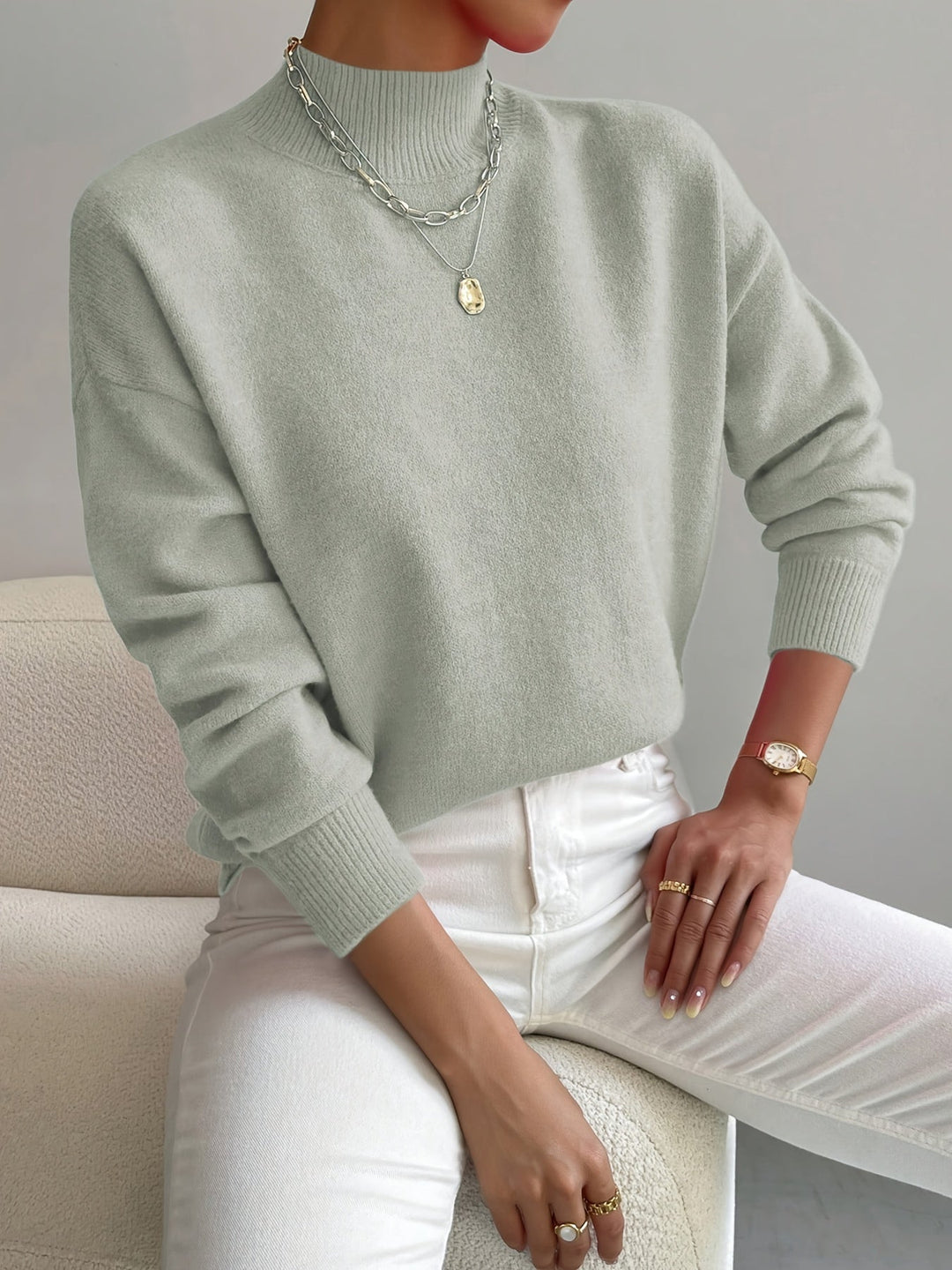 Arirara | Women's Cozy Ribbed-Cuff Solid Crew-Neck Sweater — 1