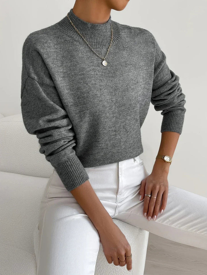 Arirara | Women's Cozy Ribbed-Cuff Solid Crew-Neck Sweater — Dark Gray