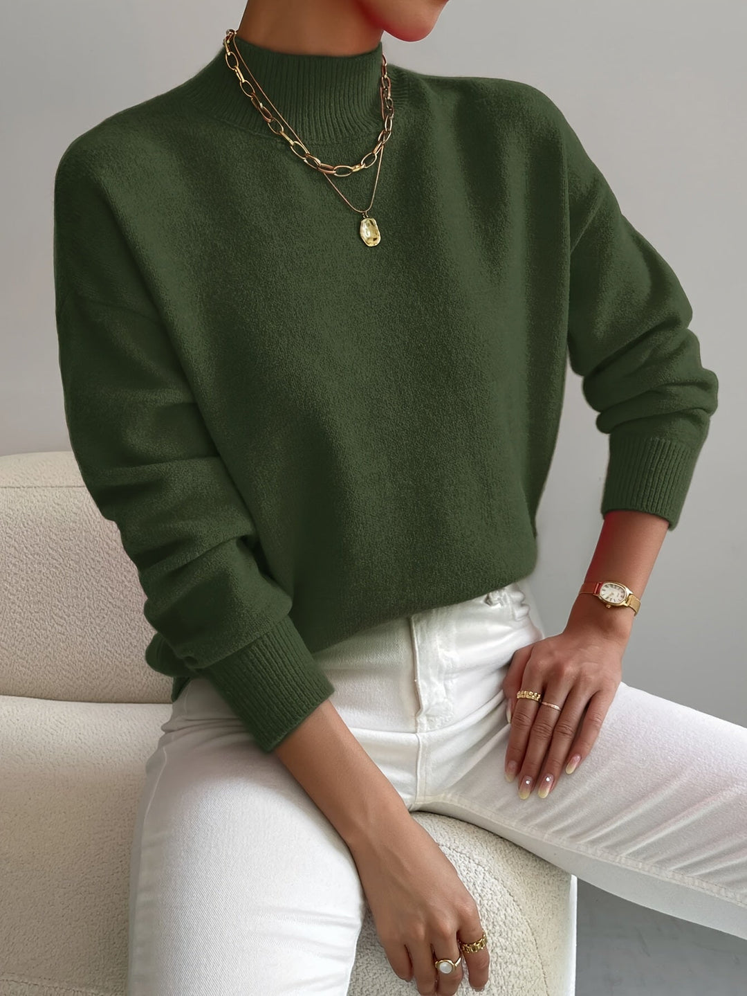 Arirara | Women's Cozy Ribbed-Cuff Solid Crew-Neck Sweater — Green