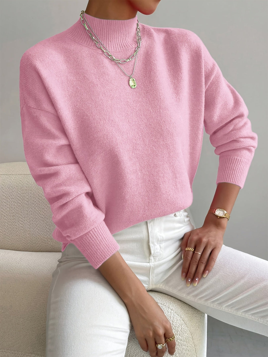 Arirara | Women's Cozy Ribbed-Cuff Solid Crew-Neck Sweater — Light Pink