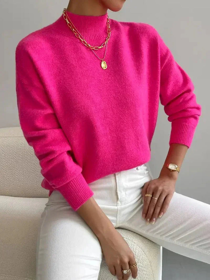 Arirara | Women's Cozy Ribbed-Cuff Solid Crew-Neck Sweater — Pink