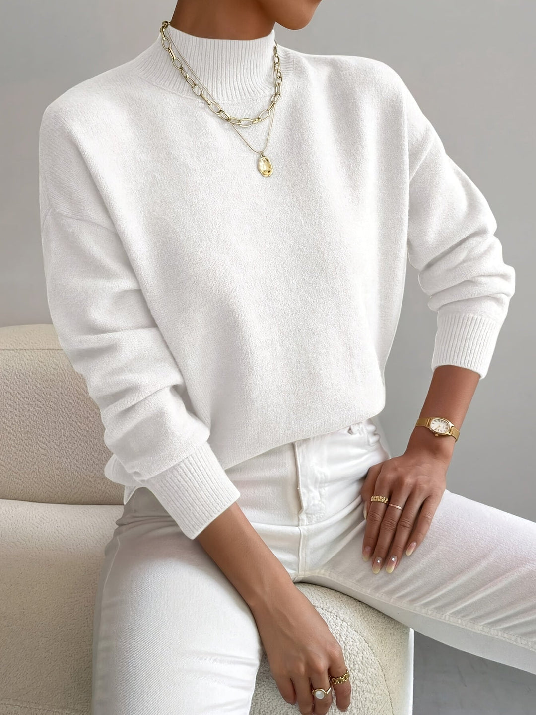 Arirara | Women's Cozy Ribbed-Cuff Solid Crew-Neck Sweater — White