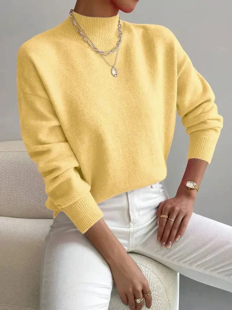 Arirara | Women's Cozy Ribbed-Cuff Solid Crew-Neck Sweater — Yellow