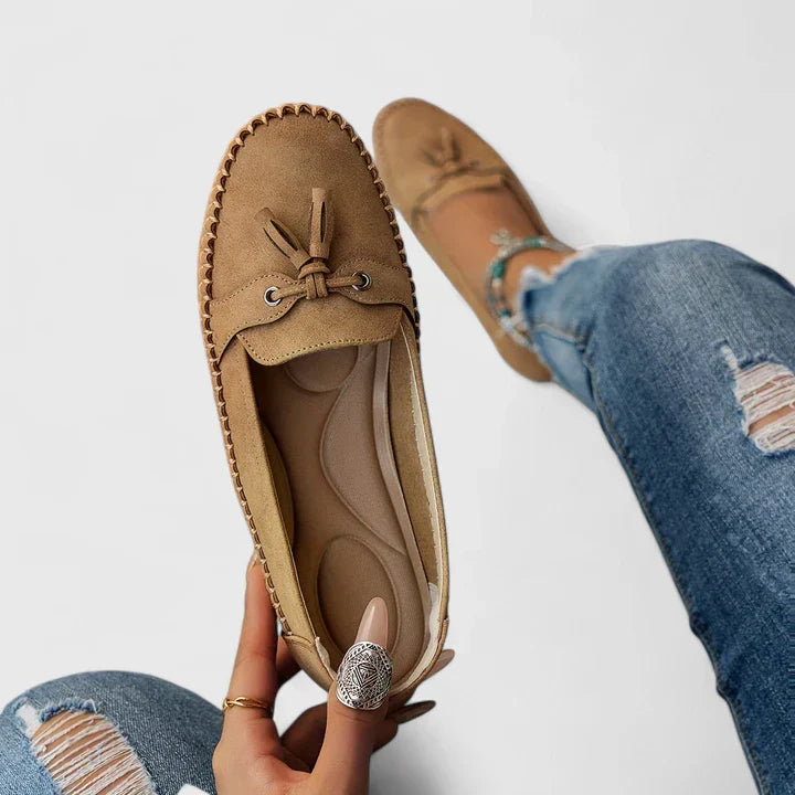 Ariwynn | Women's Orthopedic Comfort Suede Bow Loafers Slip-On Moccasin Flat Shoes — Caramel Brown