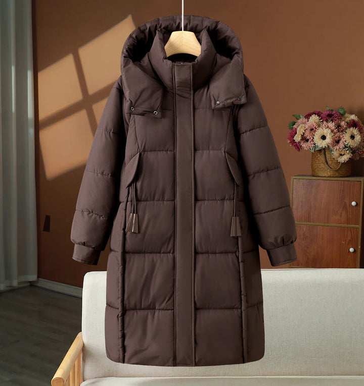 Avelnalde | Women's Long Padded Puffer Coat with Hood and Toggle Drawstrings — Brown