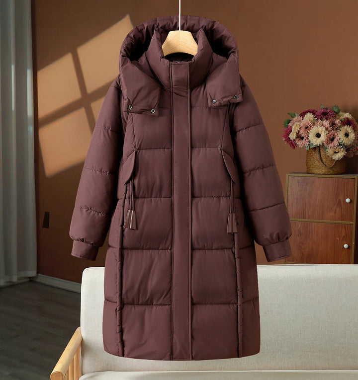 Avelnalde | Women's Long Padded Puffer Coat with Hood and Toggle Drawstrings — Red