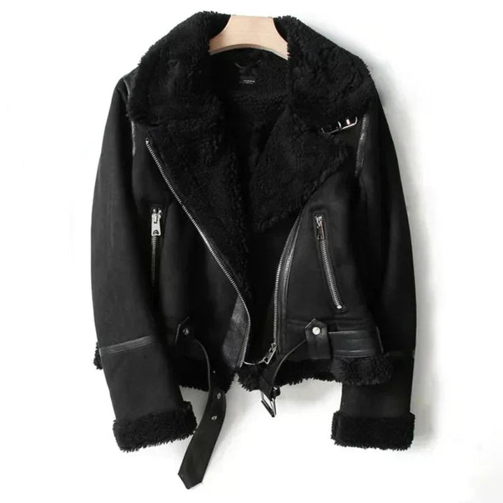 Averlise | Women's Sherpa-Lined Leather Biker Jacket in Cropped Fit — Black