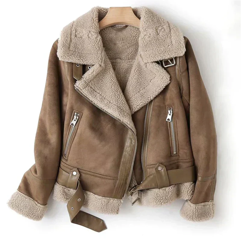 Averlise | Women's Sherpa-Lined Leather Biker Jacket in Cropped Fit — Brown