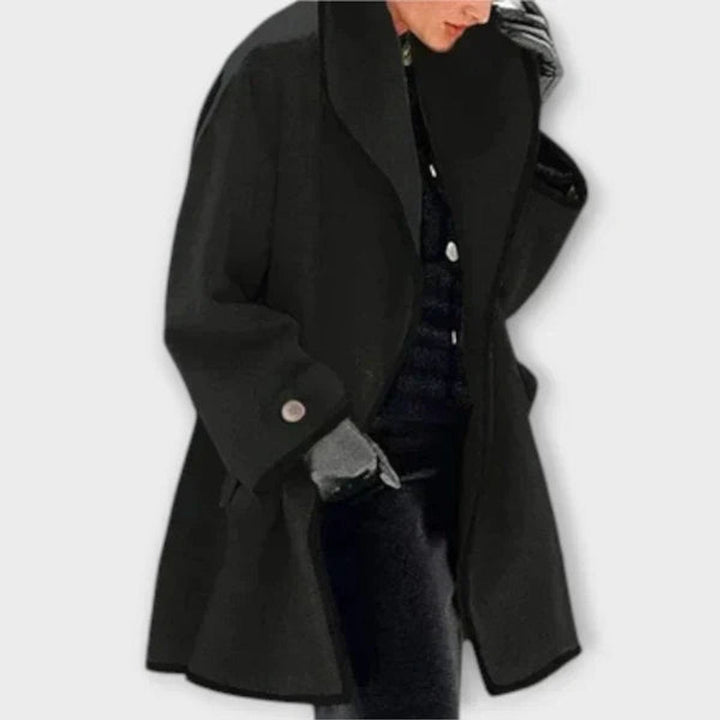 Averoura | Women's Wide Lapel Coat with Contrast Trim Button Front — Black