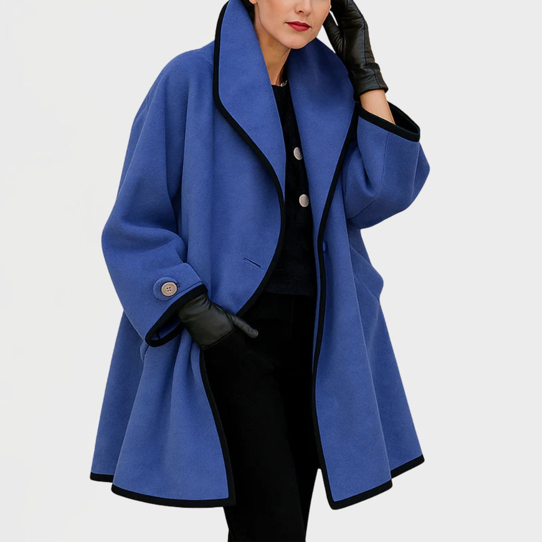 Averoura | Women's Wide Lapel Coat with Contrast Trim Button Front — Blue