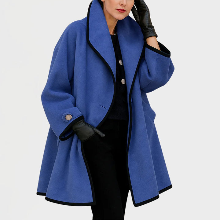 Averoura | Women's Wide Lapel Coat with Contrast Trim Button Front — 1