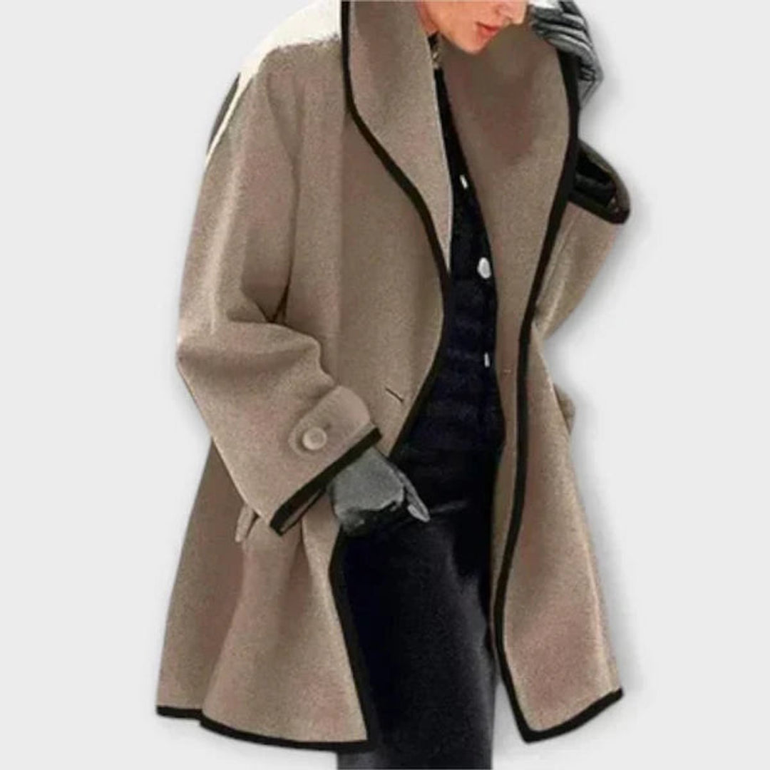 Averoura | Women's Wide Lapel Coat with Contrast Trim Button Front — 2