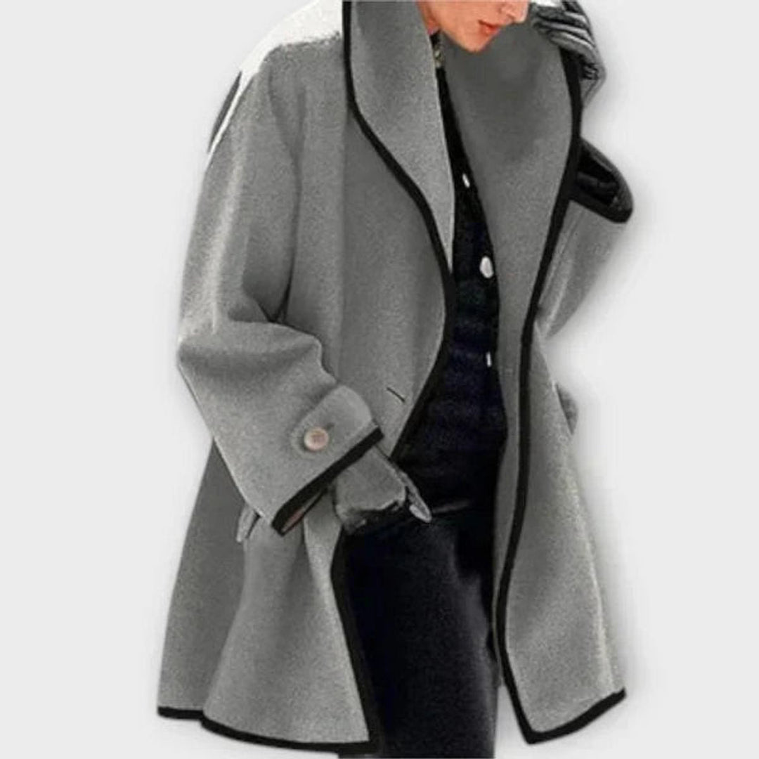 Averoura | Women's Wide Lapel Coat with Contrast Trim Button Front — Gray