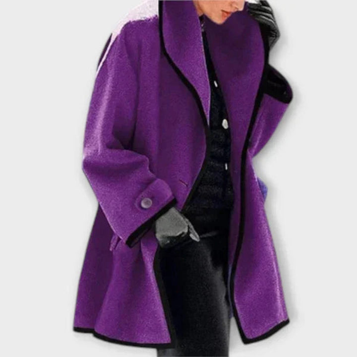 Averoura | Women's Wide Lapel Coat with Contrast Trim Button Front — Purple