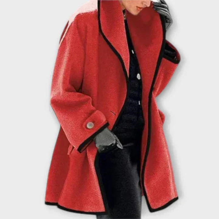 Averoura | Women's Wide Lapel Coat with Contrast Trim Button Front — Red