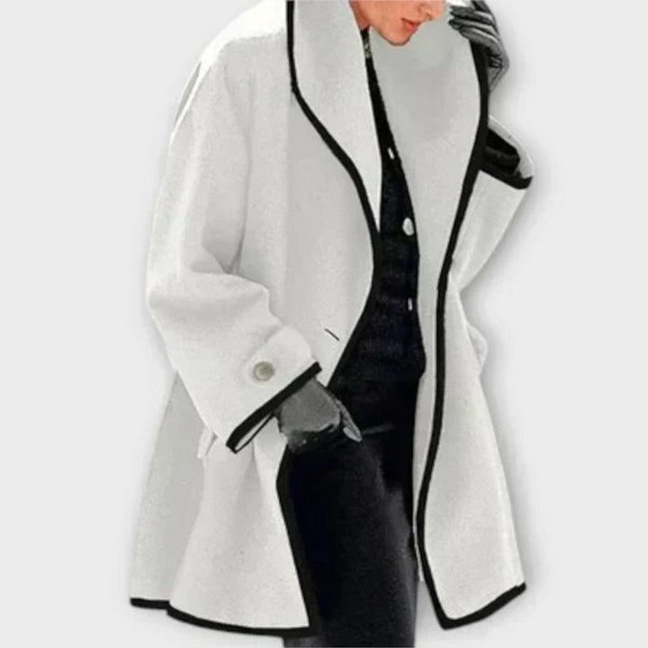 Averoura | Women's Wide Lapel Coat with Contrast Trim Button Front — White