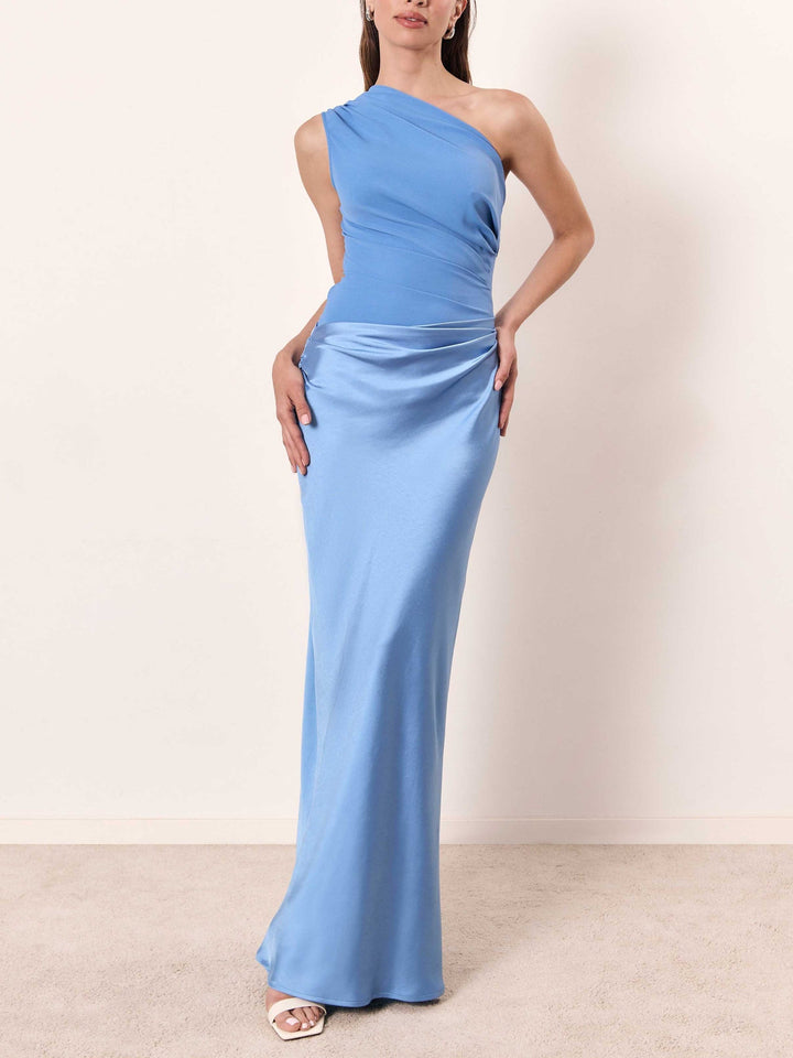 Side angle elegant evening blue gown