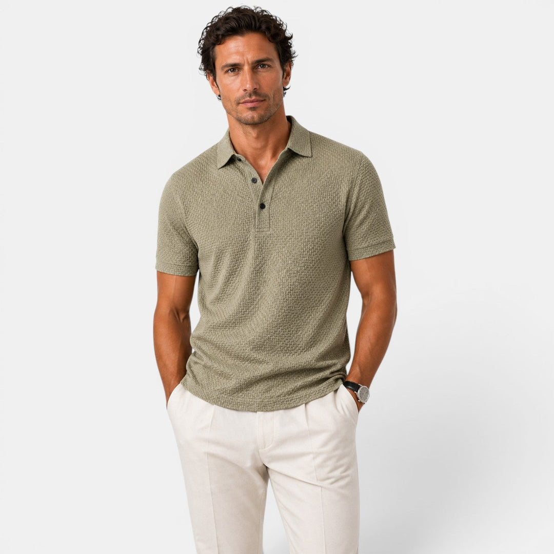  Model styled in a breathable casual polo for daily wear.