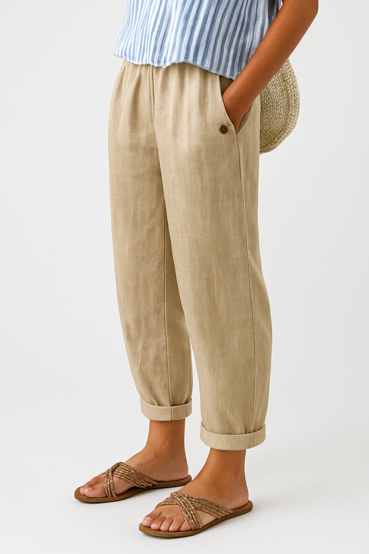 Beatrice | Women's Wide-Leg Linen Cropped Side Pockets Pants — Beige