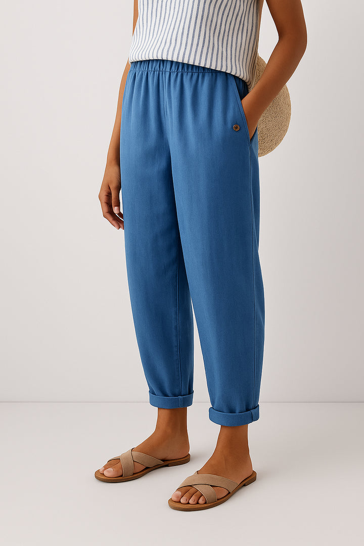 Beatrice | Women's Wide-Leg Linen Cropped Side Pockets Pants — Blue