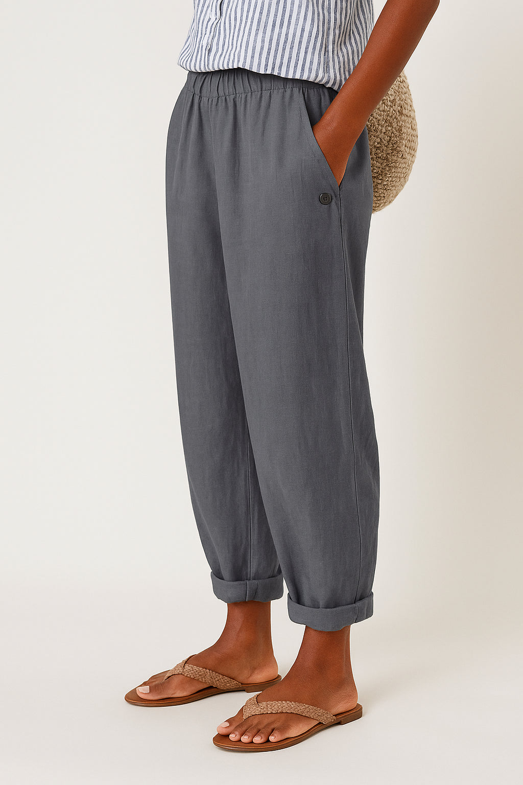 Beatrice | Women's Wide-Leg Linen Cropped Side Pockets Pants — Gray