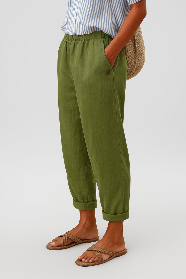 Beatrice | Women's Wide-Leg Linen Cropped Side Pockets Pants — Green