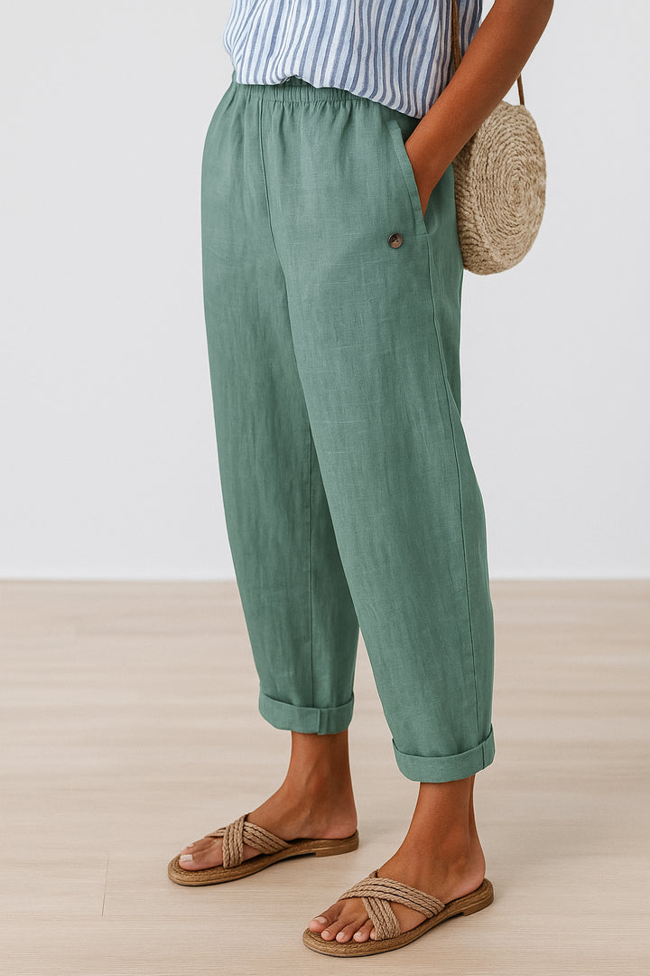 Beatrice | Women's Wide-Leg Linen Cropped Side Pockets Pants — Light Green
