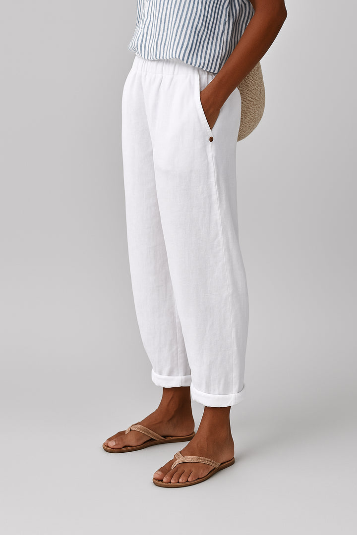 Beatrice | Women's Wide-Leg Linen Cropped Side Pockets Pants — White