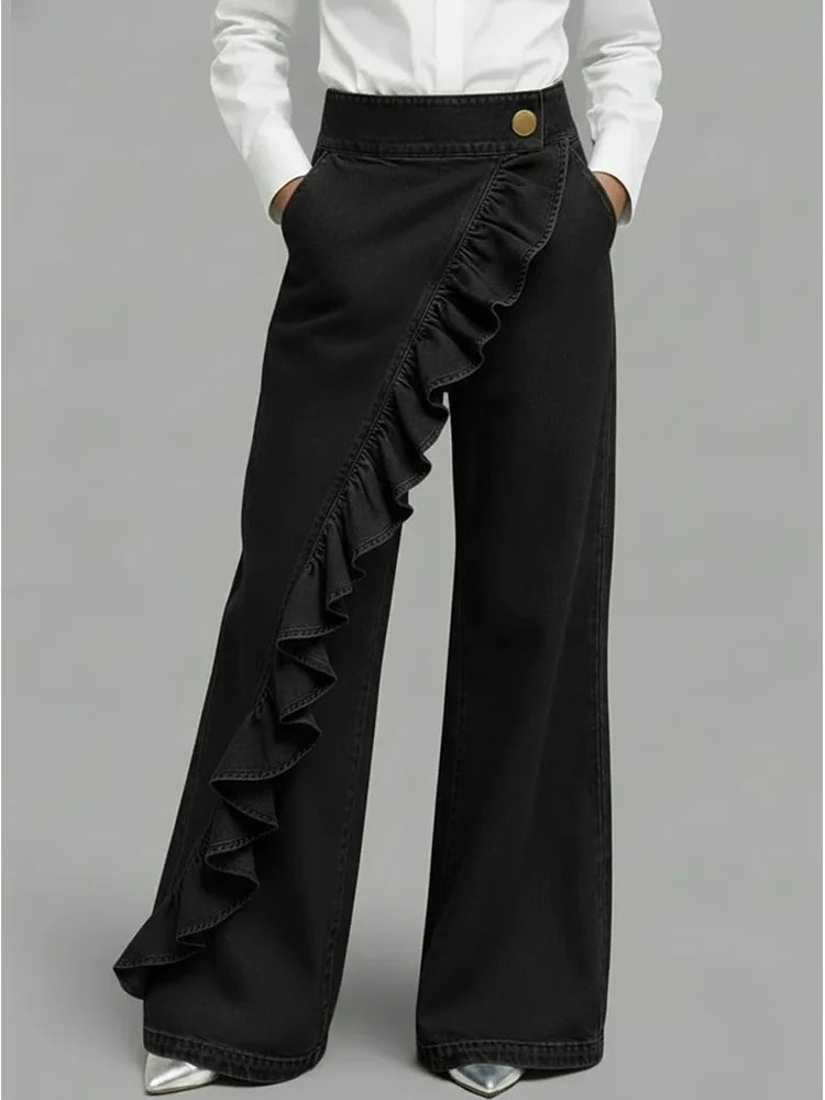 Belvanne | Women's High-Waist Wide-Leg Bold Asymmetric Wide Leg Jeans with Ruffle Detail — Black
