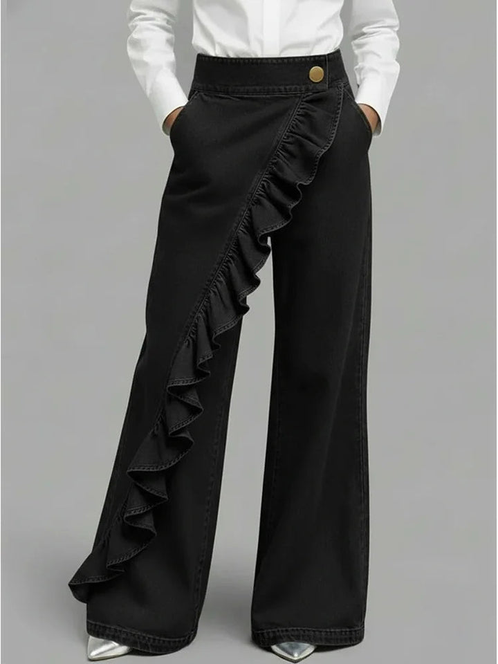 Belvanne | Women's High-Waist Wide-Leg Bold Asymmetric Wide Leg Jeans with Ruffle Detail — Black