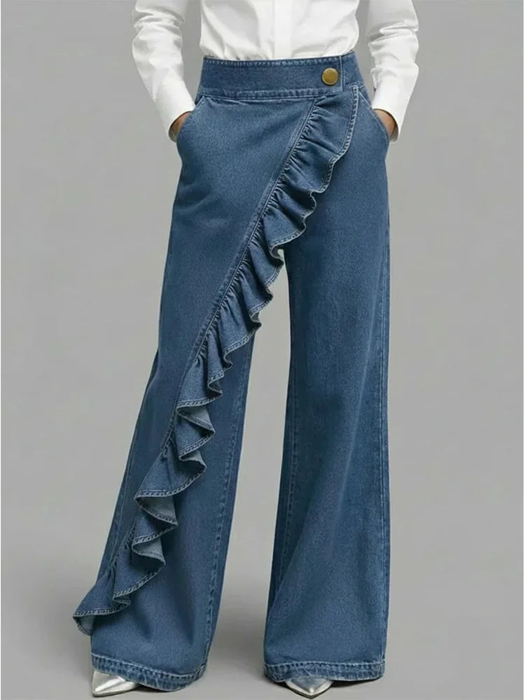 Belvanne | Women's High-Waist Wide-Leg Bold Asymmetric Wide Leg Jeans with Ruffle Detail — Blue