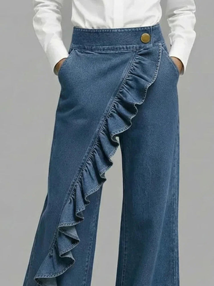 Belvanne | Women's High-Waist Wide-Leg Bold Asymmetric Wide Leg Jeans with Ruffle Detail — 2