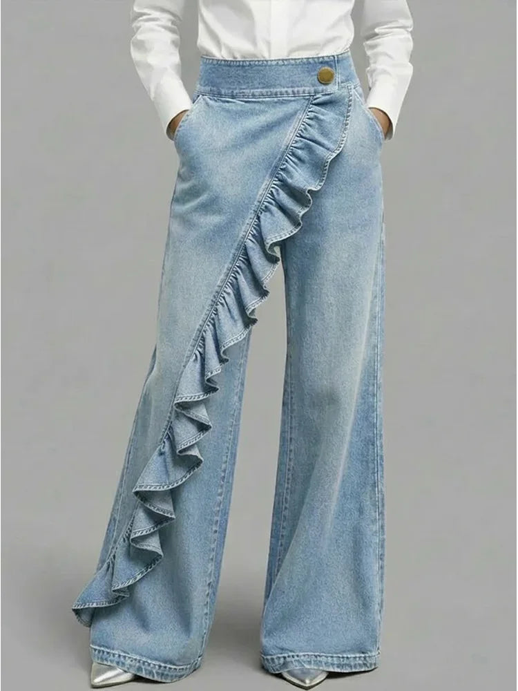 Belvanne | Women's High-Waist Wide-Leg Bold Asymmetric Wide Leg Jeans with Ruffle Detail — Light Blue