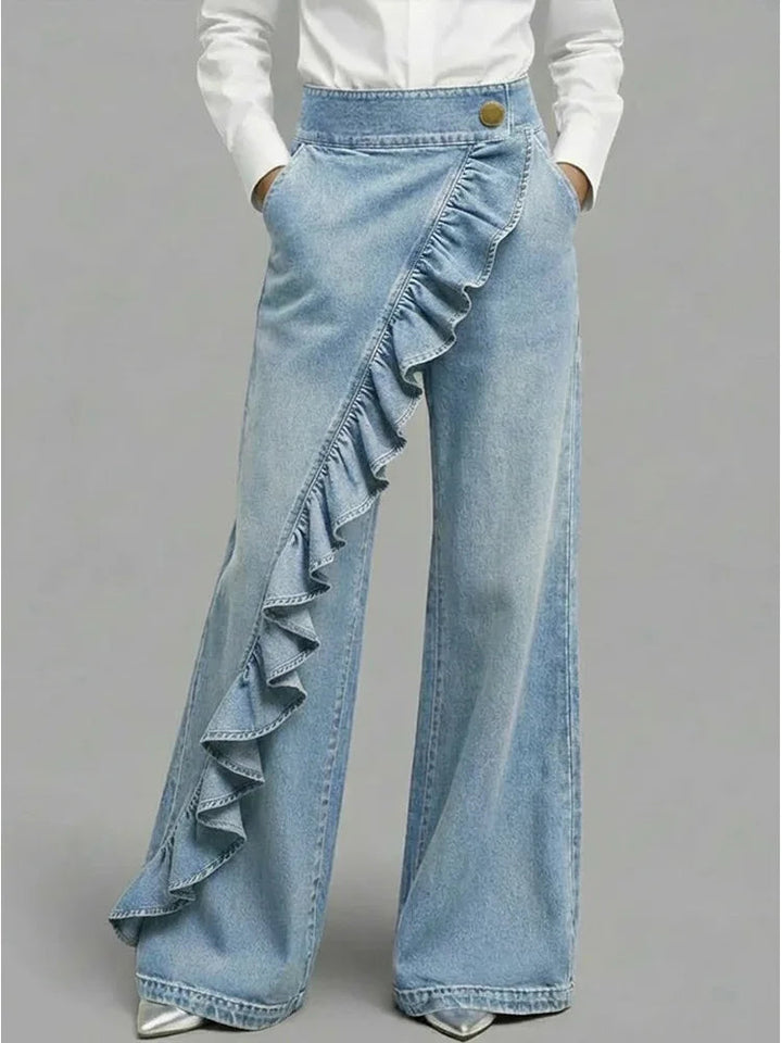Belvanne | Women's High-Waist Wide-Leg Bold Asymmetric Wide Leg Jeans with Ruffle Detail — Light Blue