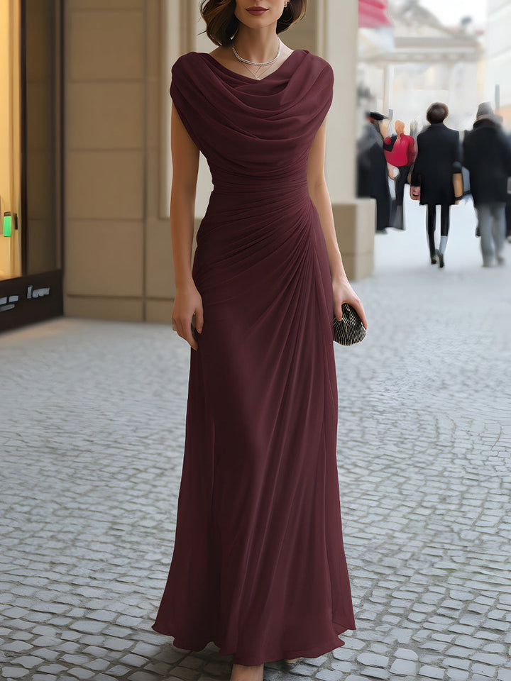 Bernadette | Women's Elegant Draped Wedding Guest Maxi Dress with Cowl Neckline Dresses — Burgundy