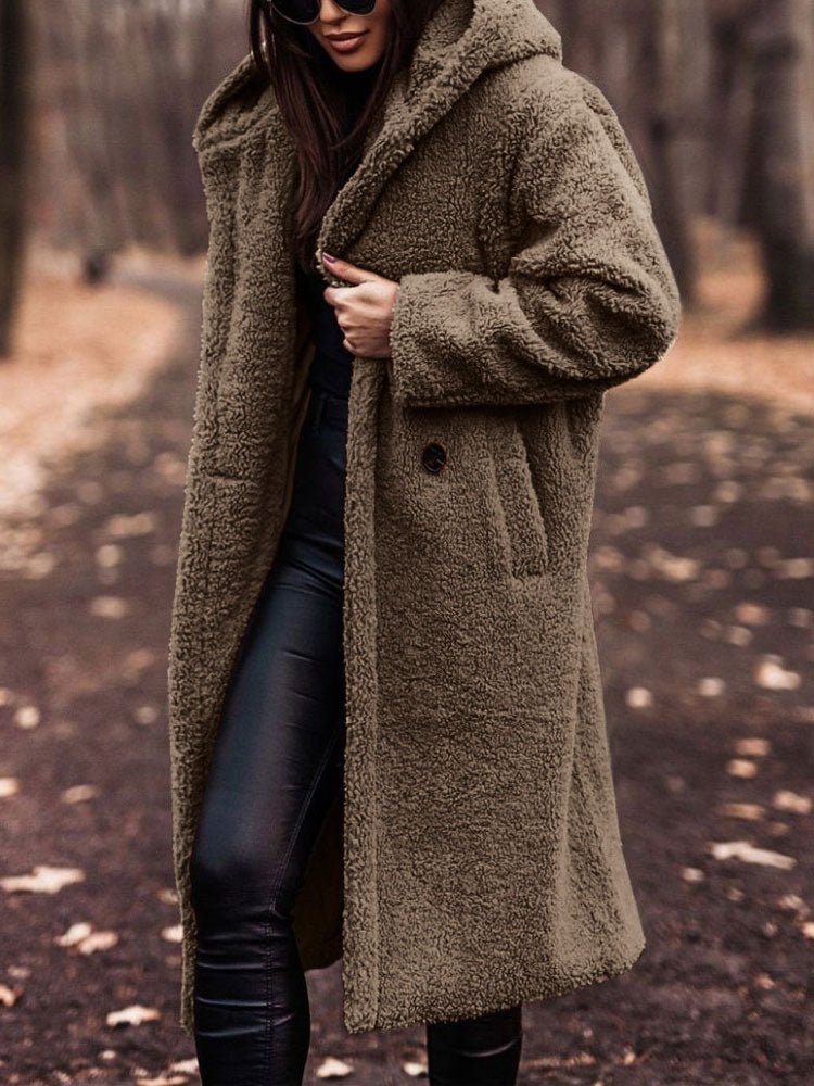 Bexleyaine | Women's Casual Stretch Teddy Overcoat with a Notch Collar and Deep Pockets — Apricot