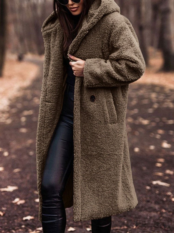 Bexleyaine | Women's Casual Stretch Teddy Overcoat with a Notch Collar and Deep Pockets — Apricot