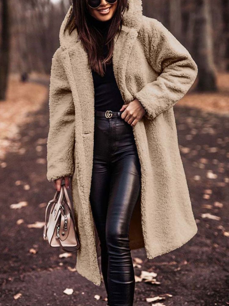 Bexleyaine | Women's Casual Stretch Teddy Overcoat with a Notch Collar and Deep Pockets — Beige