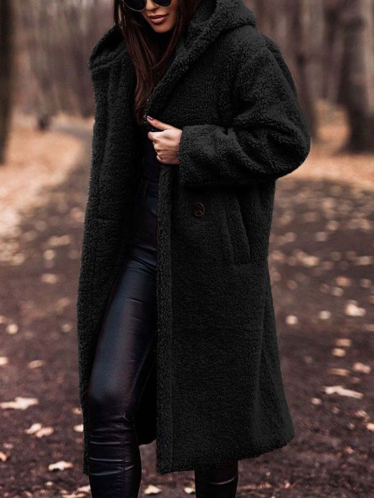 Bexleyaine | Women's Casual Stretch Teddy Overcoat with a Notch Collar and Deep Pockets — Black