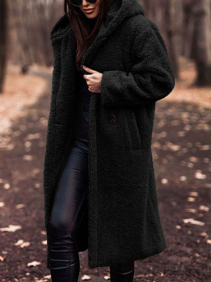 Bexleyaine | Women's Casual Stretch Teddy Overcoat with a Notch Collar and Deep Pockets — Black