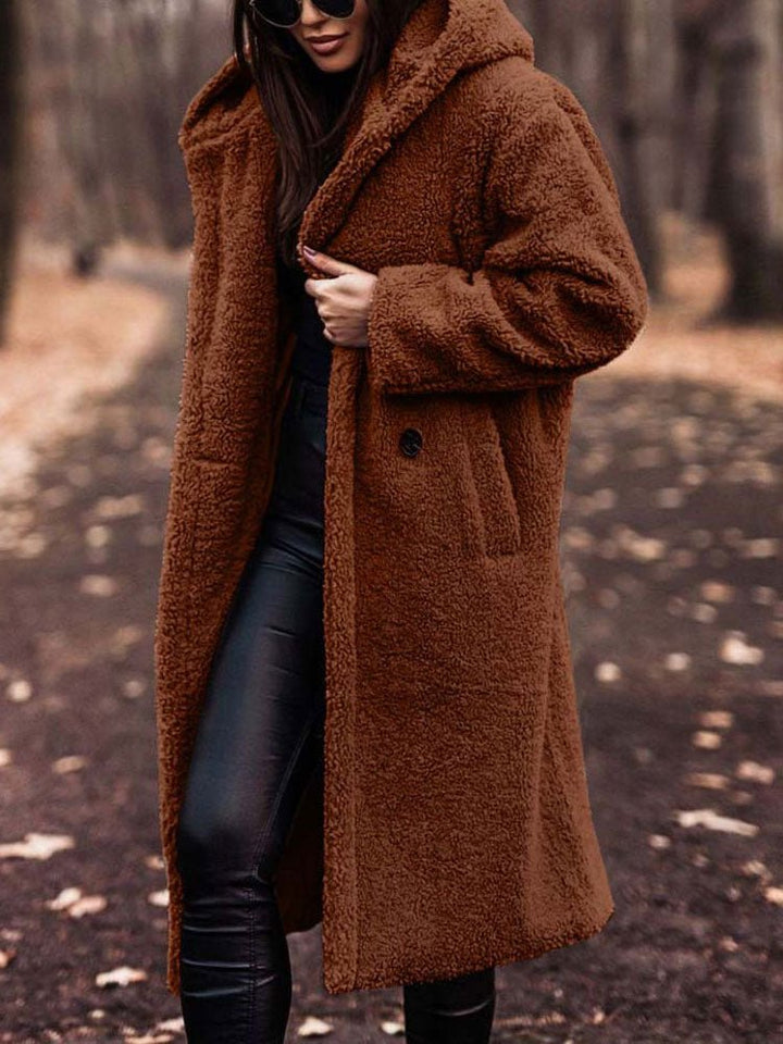 Bexleyaine | Women's Casual Stretch Teddy Overcoat with a Notch Collar and Deep Pockets — Brown