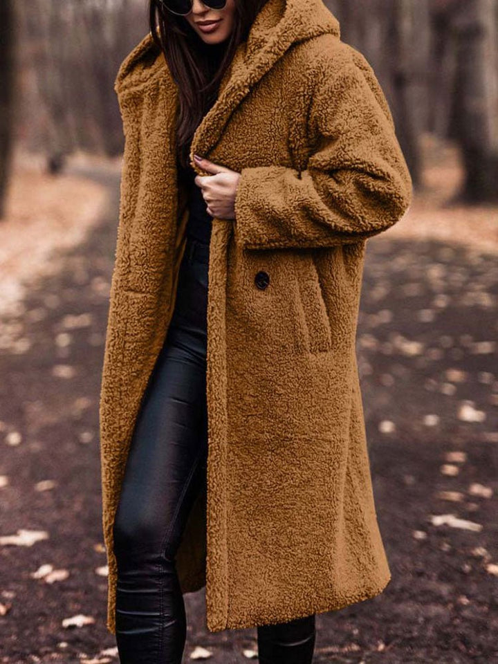 Bexleyaine | Women's Casual Stretch Teddy Overcoat with a Notch Collar and Deep Pockets — Gold