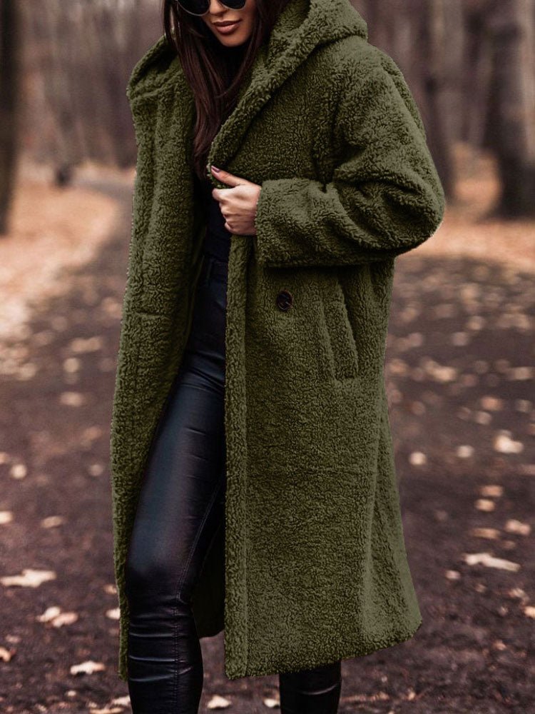 Bexleyaine | Women's Casual Stretch Teddy Overcoat with a Notch Collar and Deep Pockets — Green
