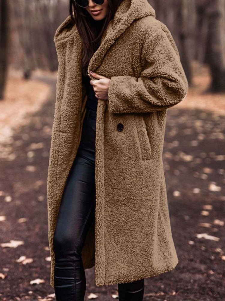 Bexleyaine | Women's Casual Stretch Teddy Overcoat with a Notch Collar and Deep Pockets — Khaki