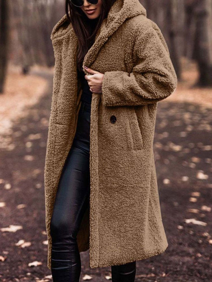Bexleyaine | Women's Casual Stretch Teddy Overcoat with a Notch Collar and Deep Pockets — Khaki