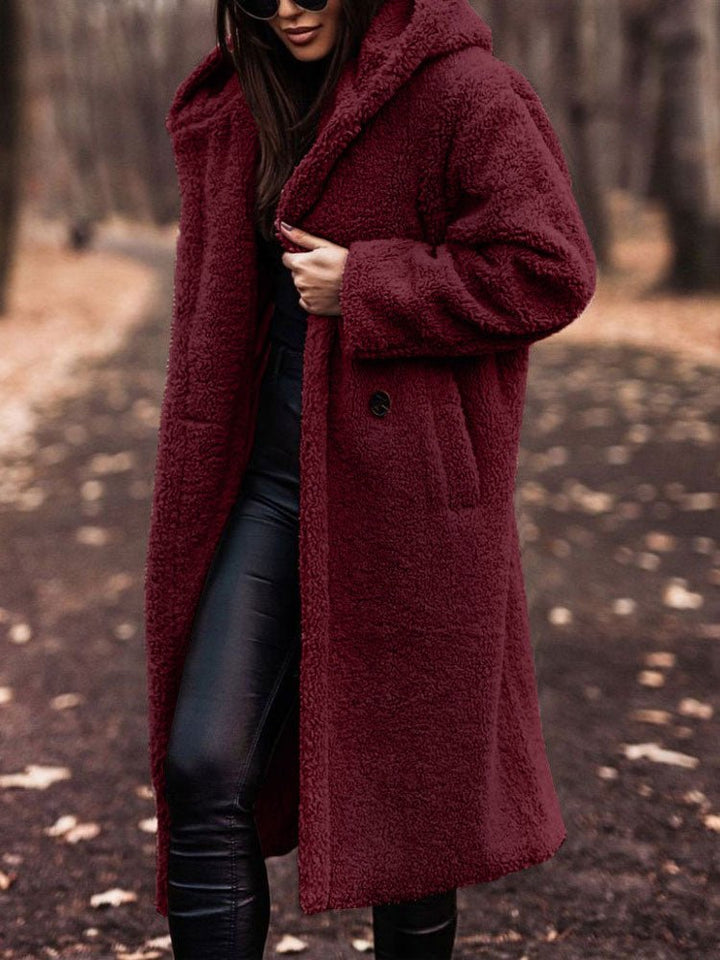 Bexleyaine | Women's Casual Stretch Teddy Overcoat with a Notch Collar and Deep Pockets — Red